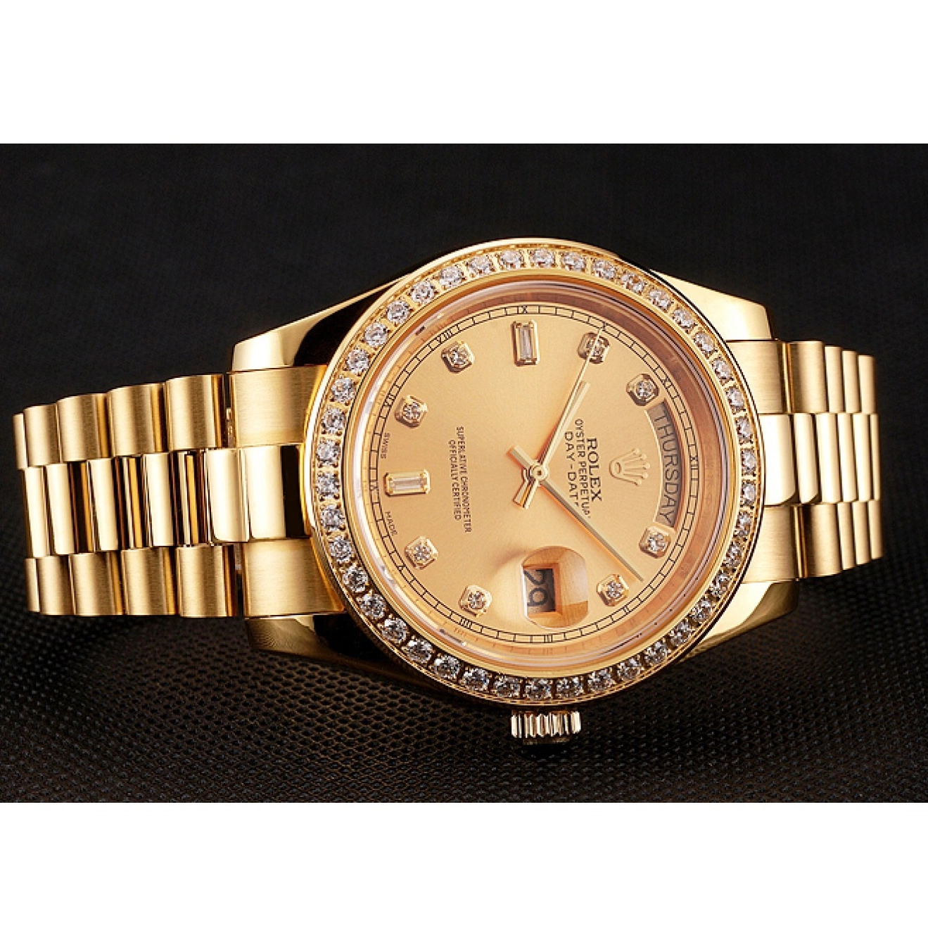 AAA replica watch Diamond Bracelet Swiss Dial 1454099 Day-Date Rolex Gold Champagne Bezel 0701